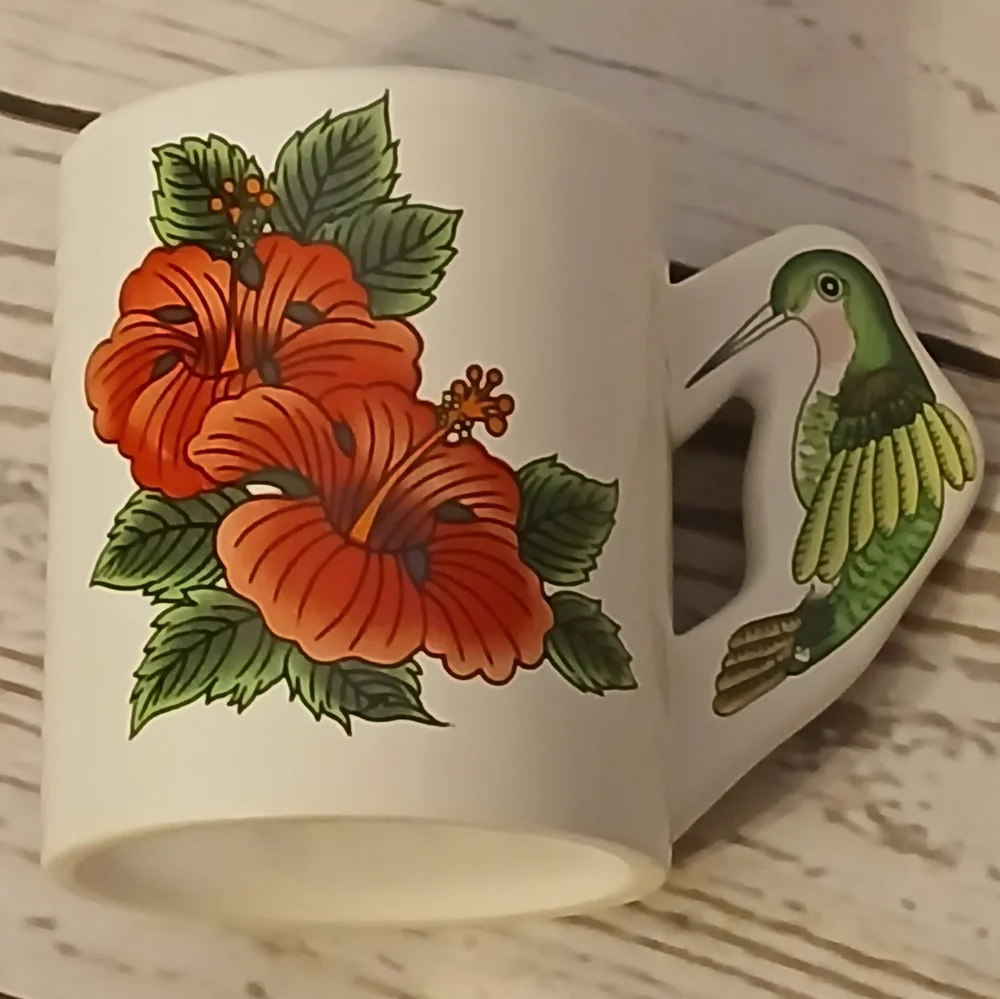 Floral Coffee Mug with Hummingbird Handle